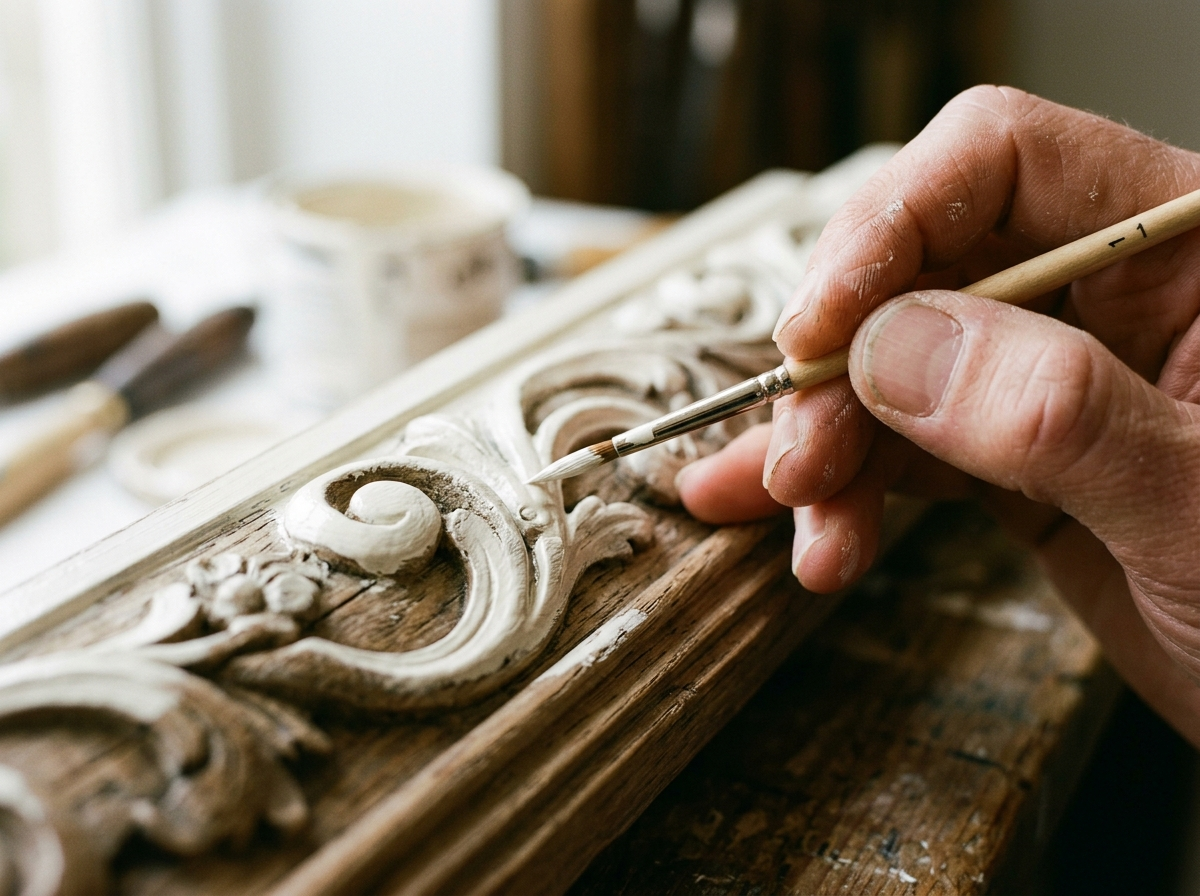 Vakman werkt met fijne kwast aan historisch houten ornament — ambachtelijk schilderwerk door VDB Schilderwerken Limburg