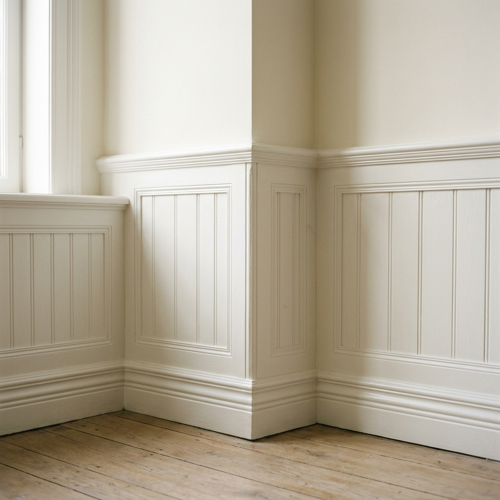 Strak afgewerkte off-white lambrisering in klassiek interieur — binnenschilderwerk door VDB Schilderwerken Limburg