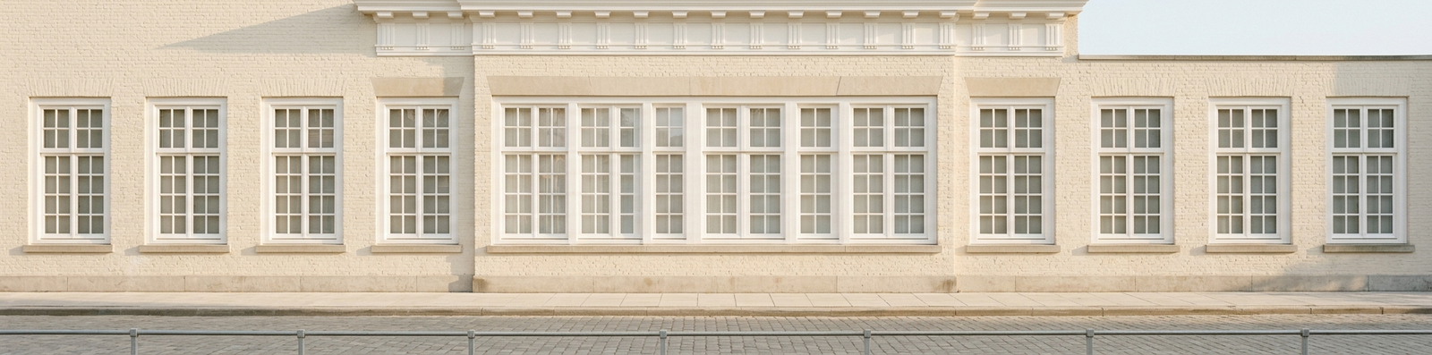 Panoramische gevel met witte kozijnen van klassiek herenhuis, buitenschilderwerk door VDB Schilderwerken Limburg