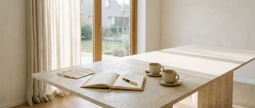 Klassieke consultatietafel met kleurstalen en notitieboek bij tall window, plan een adviesgesprek bij VDB Schilderwerken in Limburg