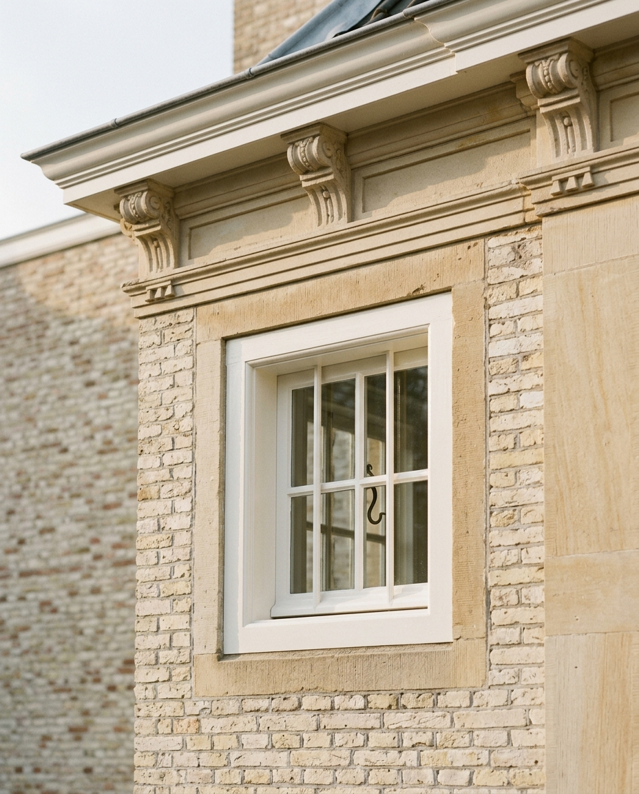 Klassieke witte kozijnen op monumentale gevel, buitenschilderwerk door VDB Schilderwerken in Limburg