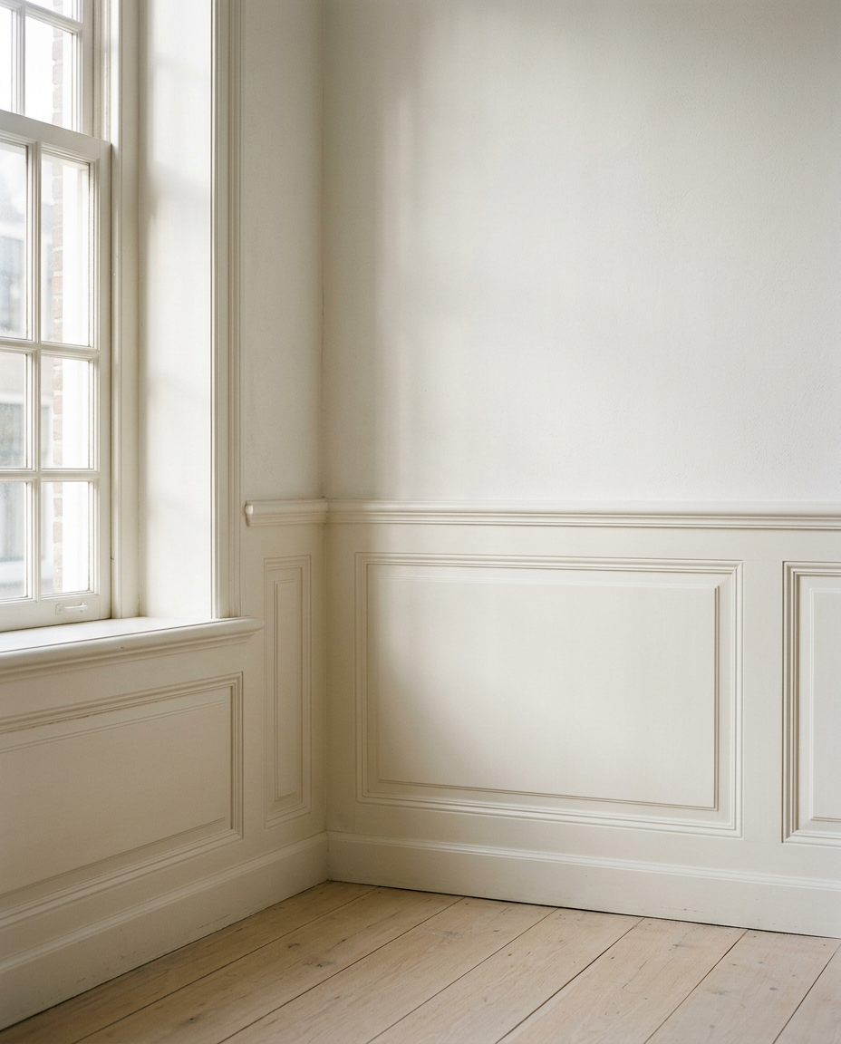 Klassiek interieur met geschilderde lambrisering, ambachtelijk schilderwerk door VDB Schilderwerken