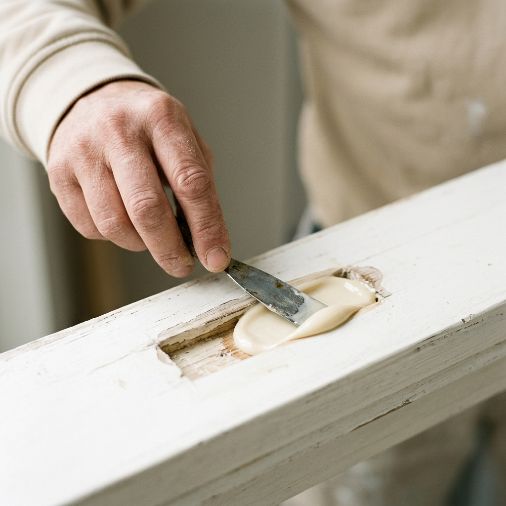 Vakman brengt 2-componenten epoxy aan op houten kozijn, epoxy houtrot reparatie door VDB Schilderwerken