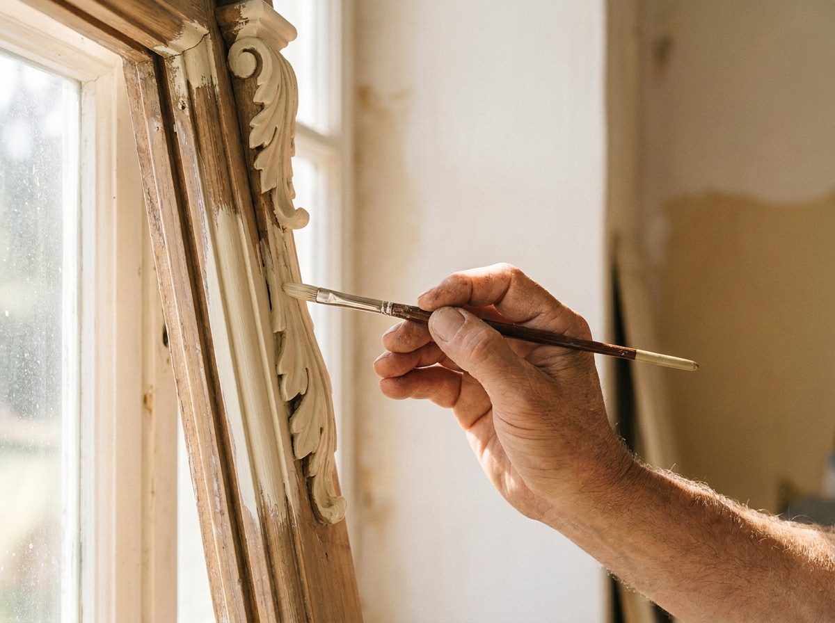 Detail van vakwerk zorgvuldig penseelwerk op een klassiek kozijn door VDB Schilderwerken, familiebedrijf uit Echt