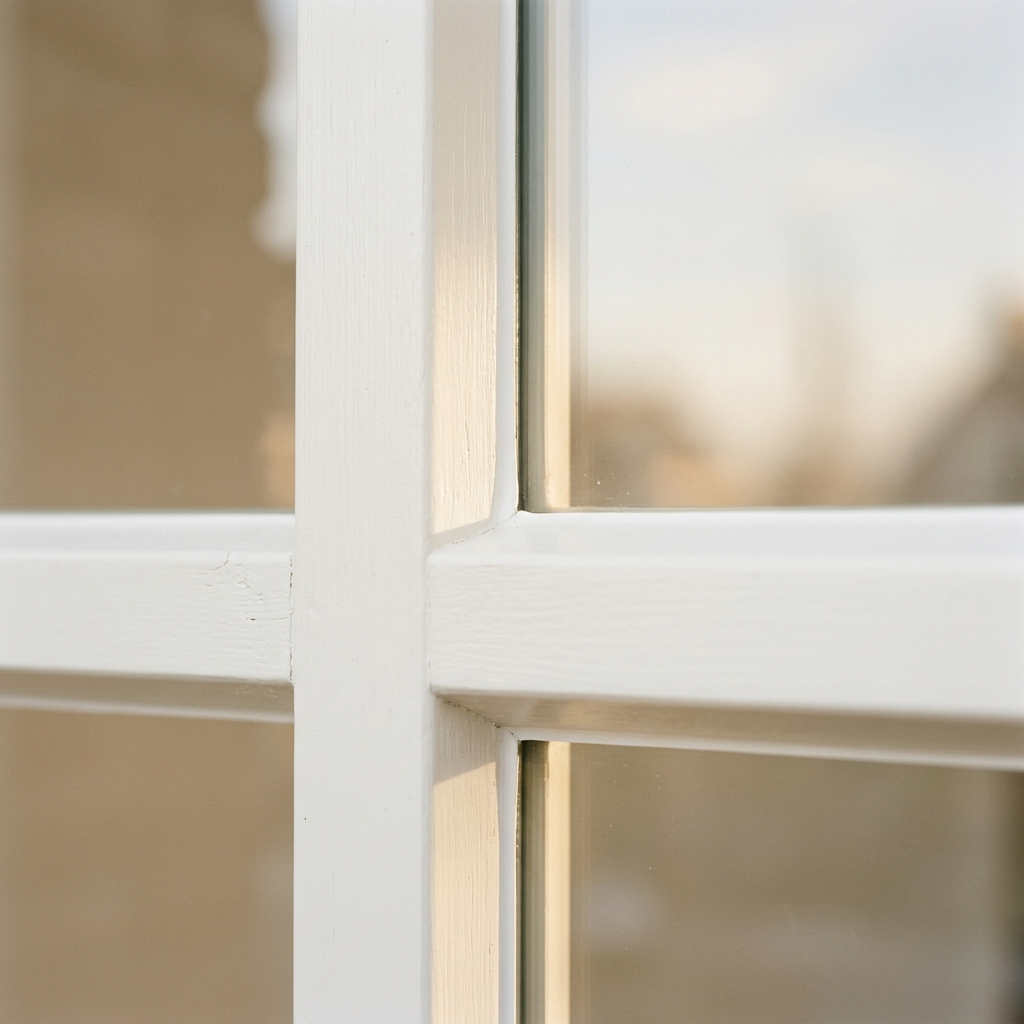 Detail van kozijn-glasaansluiting met strak kitwerk, buitenschilderwerk houten kozijnen door VDB Schilderwerken