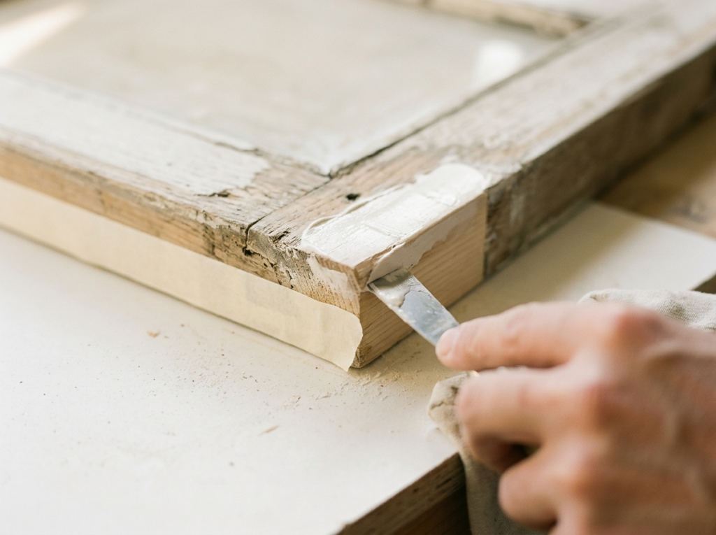 Grondige voorbereiding en houtherstel aan buitenkozijn, buitenschilderwerk door VDB Schilderwerken