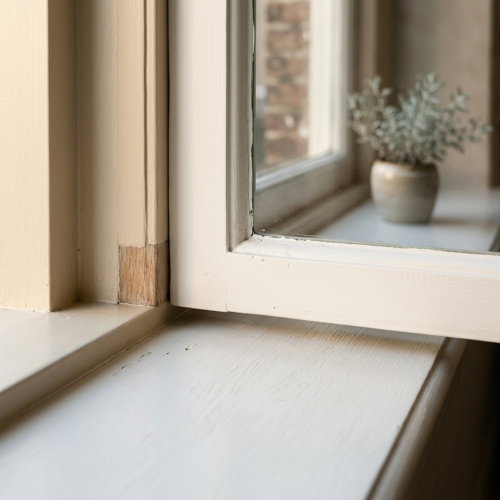 Gerestaureerde houten vensterbank op klassiek pand — houtrot herstel door VDB Schilderwerken in Limburg