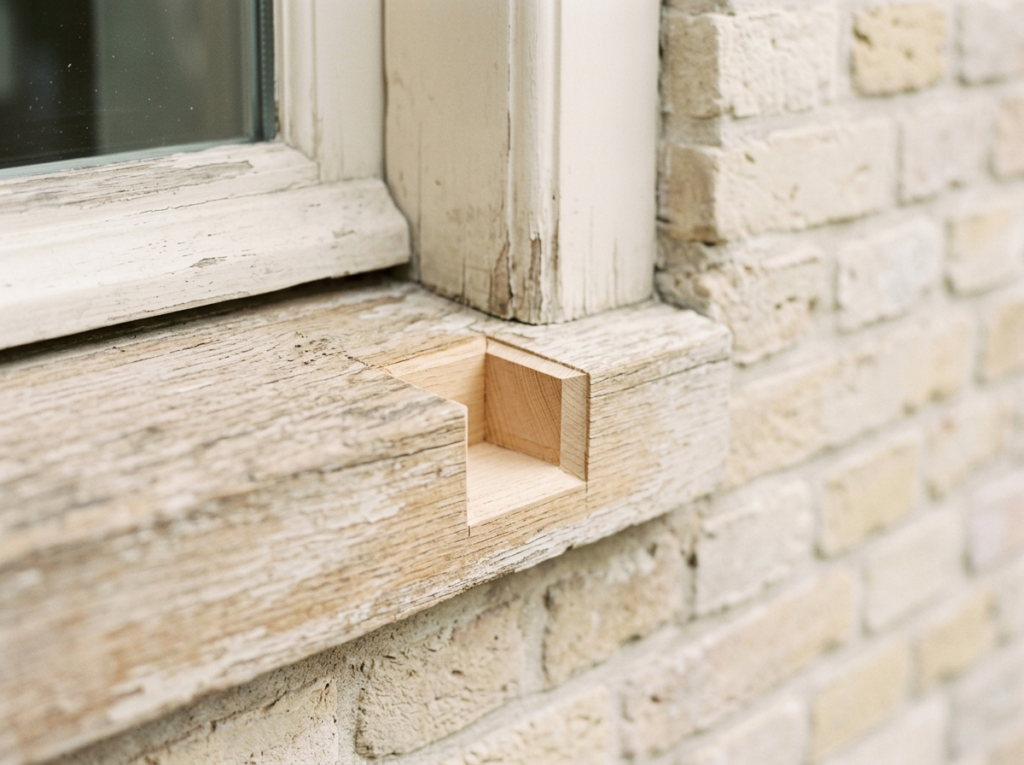 Voorbereide reparatie op houten kozijnonderdorpel, houtrot reparatie aan kozijnen door VDB Schilderwerken
