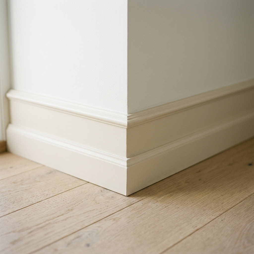 Detail van afgestemde kleuren tussen muur, houtwerk en vloer in klassiek interieur, interieur kleuradvies door VDB Schilderwerken