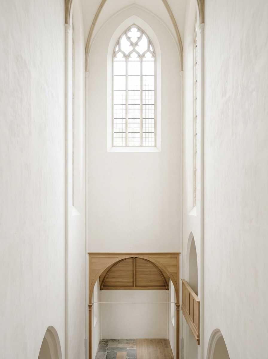 Gerestaureerd kerkinterieur met witte wanden en historische details referentieproject VDB Schilderwerken Limburg