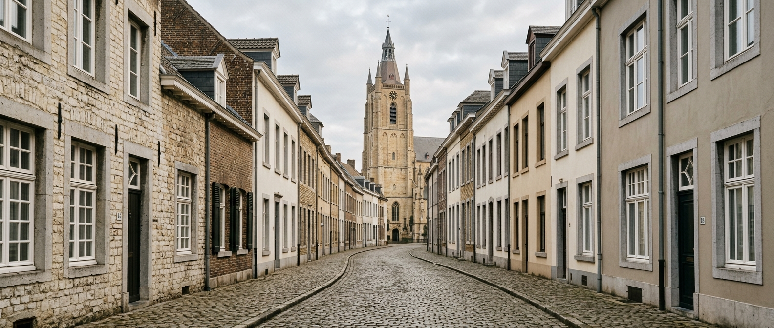 Historische straat in Echt met klassieke Limburgse panden richting kerk, schilder in Echt VDB Schilderwerken