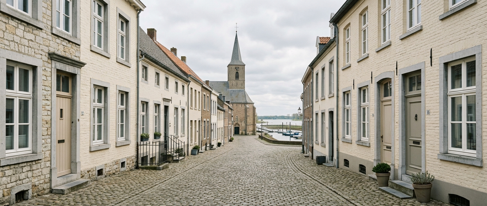 Historische straat in Maasbracht met klassieke Limburgse woningen richting Sint-Gertrudiskerk, schilder in Maasbracht VDB Schilderwerken