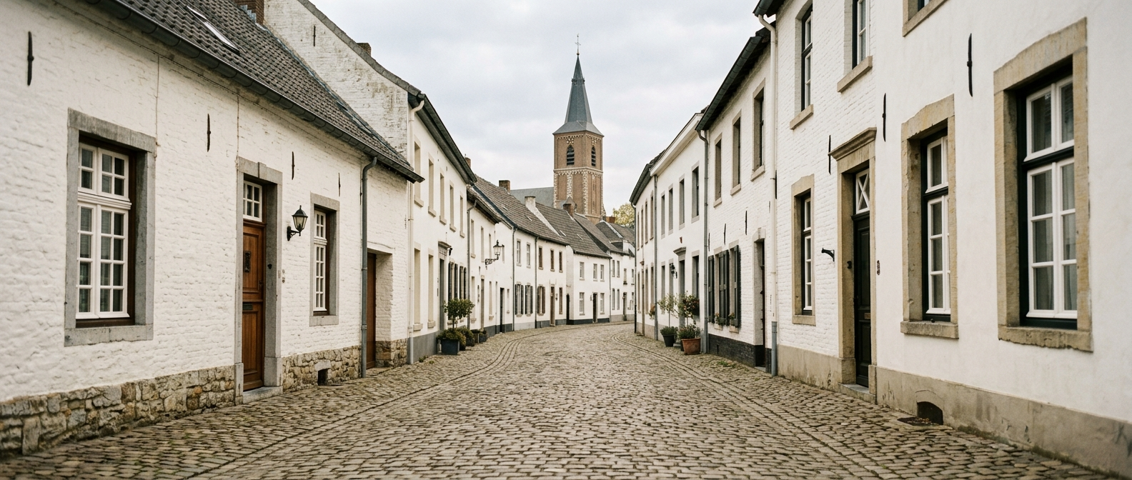 Karakteristieke witte straat in Thorn, gemeente Maasgouw, richting de Abdijkerk, schilder in Maasgouw VDB Schilderwerken