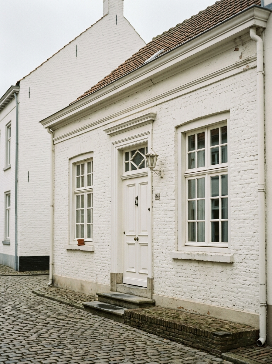 Karakteristieke witte gevel in Thorn, gemeente Maasgouw, met witte kozijnen, schilder in Maasgouw door VDB Schilderwerken