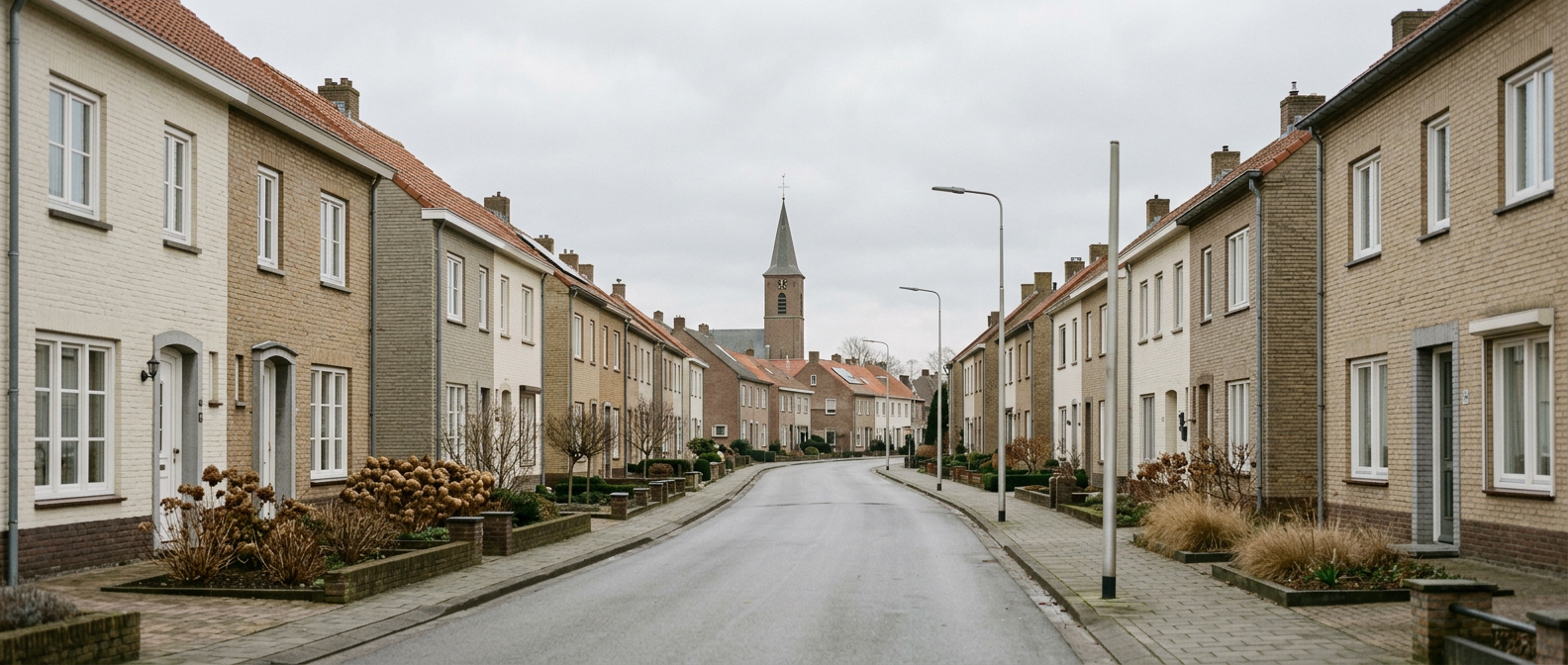 Rustige dorpsstraat in Pey met klassieke Limburgse rijwoningen richting Sint-Petruskerk, schilder in Pey VDB Schilderwerken