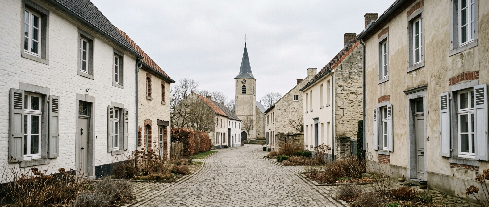 Rustige dorpsstraat in Sint Joost met klassieke Limburgse woningen richting Sint-Judocuskerk, schilder in Sint Joost VDB Schilderwerken
