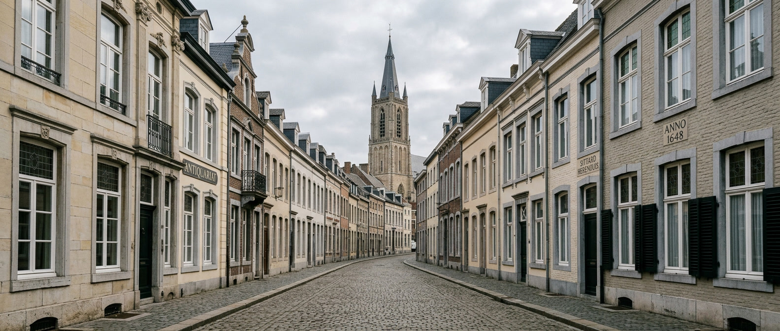 Historische straat in Sittard met klassieke stadswoningen richting Sint-Petruskerk, schilder in Sittard VDB Schilderwerken