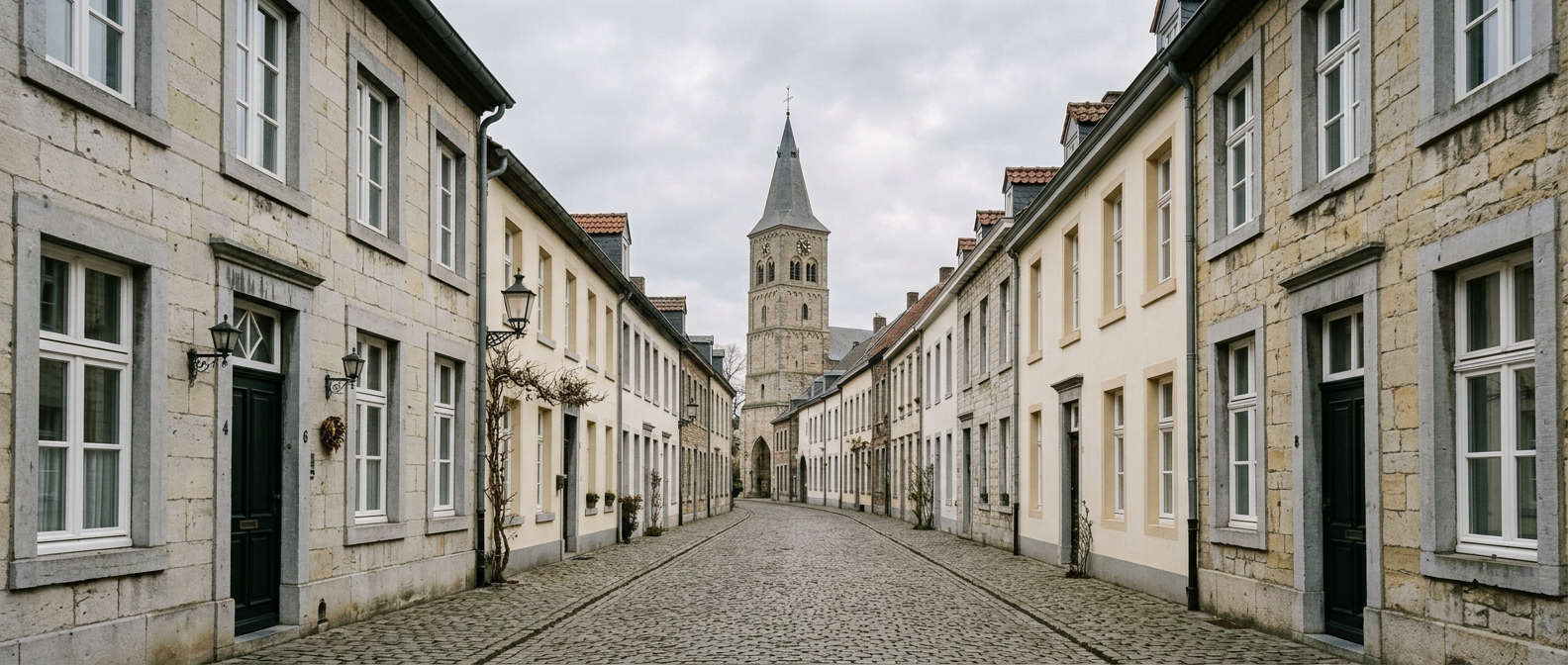 Historische straat in Susteren met klassieke Limburgse panden richting Amelbergabasiliek, schilder in Susteren VDB Schilderwerken