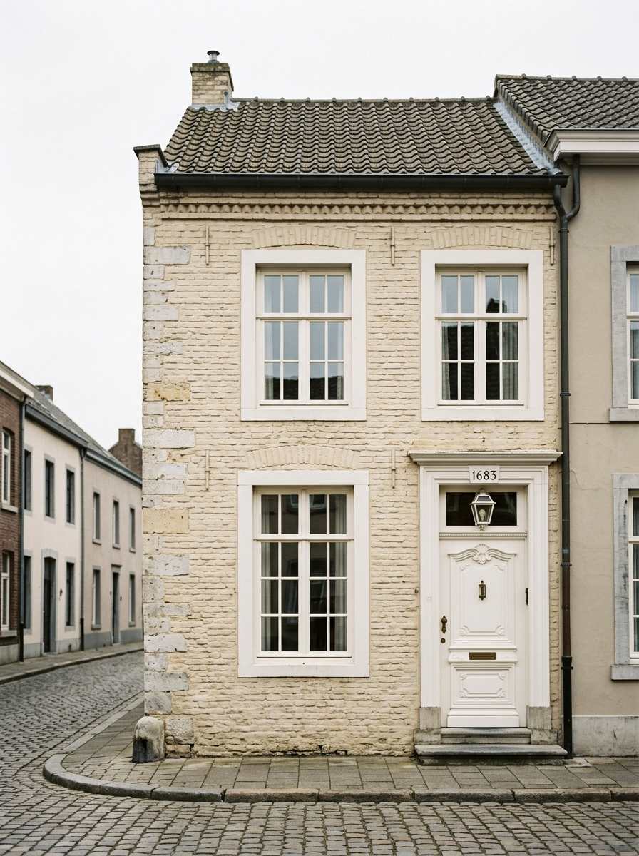 Klassieke Limburgse rijwoning in centrum van Susteren met witte kozijnen, schilder in Susteren door VDB Schilderwerken