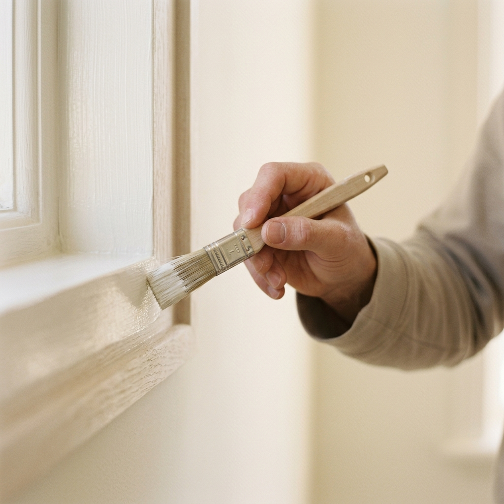 Vakman brengt strakke afwerking aan op binnenkozijn met hoogwaardige kwast, ambachtelijk resultaat door VDB Schilderwerken