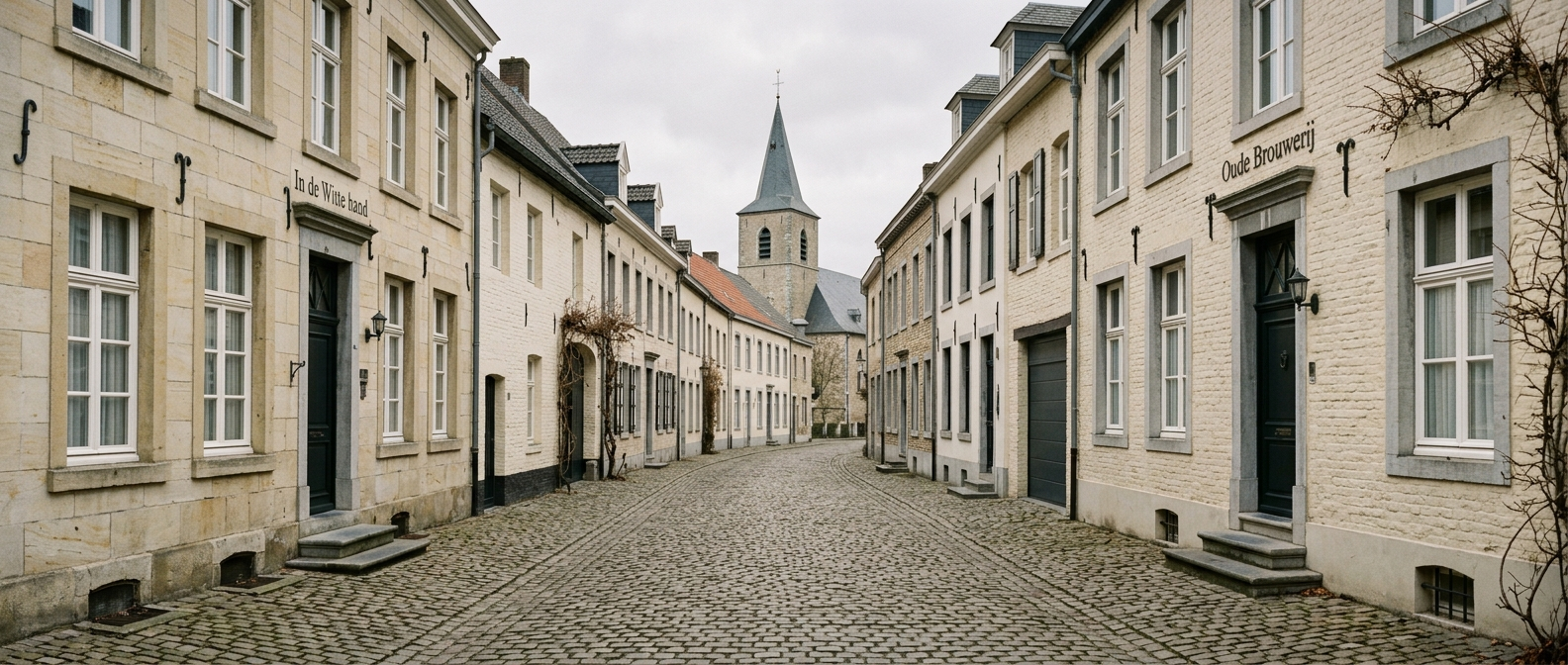 Historische straat in Beek met klassieke Limburgse stadswoningen richting Sint-Martinuskerk, schilder in Beek VDB Schilderwerken