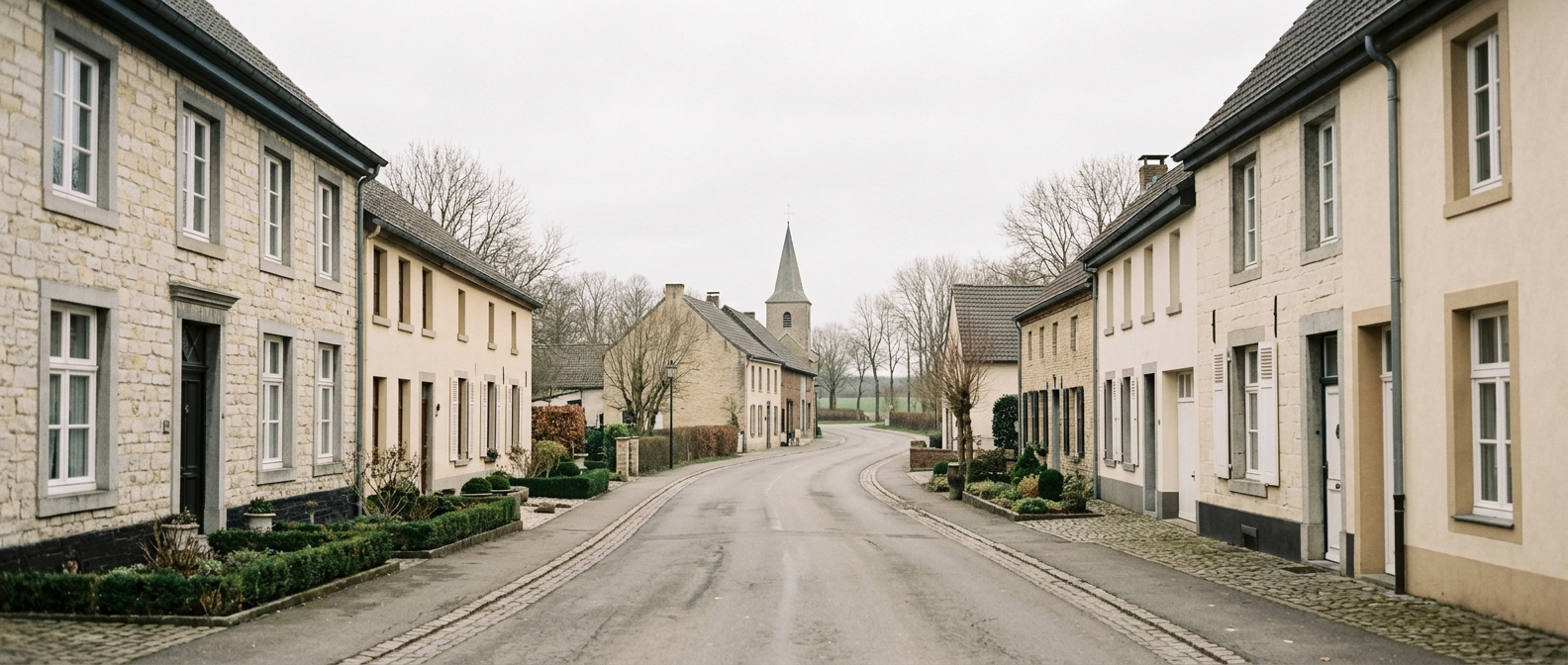 Rustige dorpsstraat in Beesel met klassieke Limburgse woningen richting Sint-Gertrudiskerk, schilder in Beesel VDB Schilderwerken