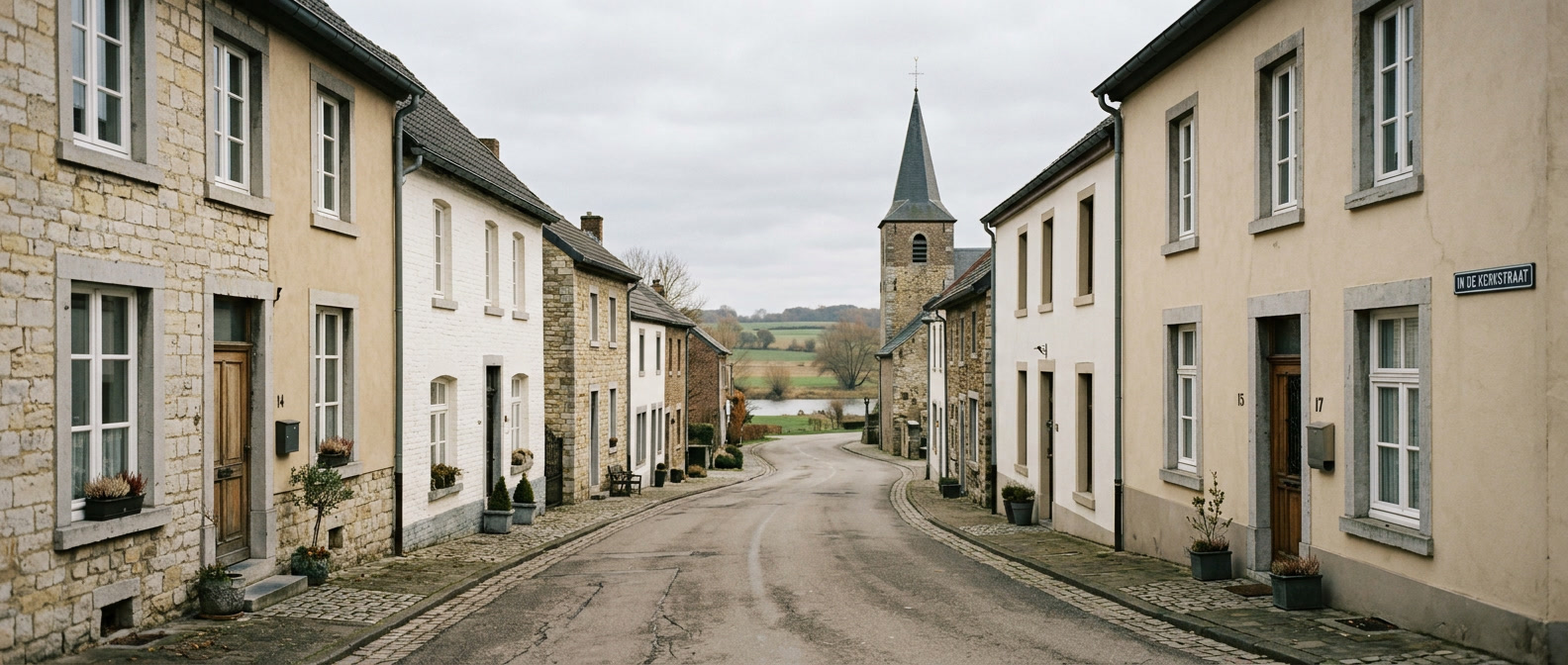 Rustige dorpsstraat in Belfeld met klassieke Limburgse woningen richting Sint-Urbanuskerk, schilder in Belfeld VDB Schilderwerken