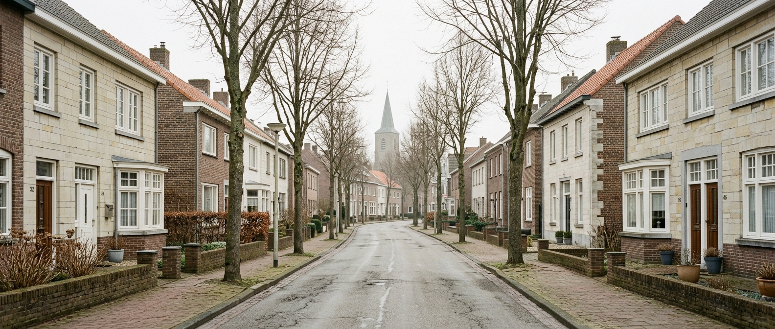Rustige dorpsstraat in Blerick met klassieke Limburgse woningen richting Sint-Antonius van Paduakerk, schilder in Blerick VDB Schilderwerken