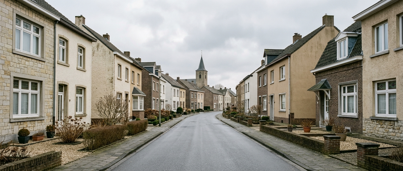 Rustige dorpsstraat in Brunssum met klassieke mijnwerkerswoningen richting Sint-Gregorius de Grote kerk, schilder in Brunssum VDB Schilderwerken