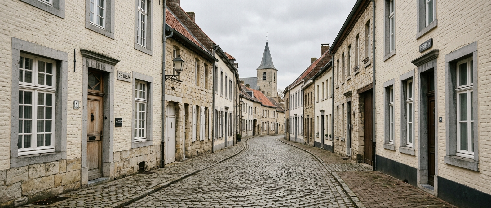 Historische straat in Eijsden met klassieke Limburgse dorpswoningen richting Kasteel Eijsden en Sint-Christinakerk, schilder in Eijsden VDB Schilderwerken