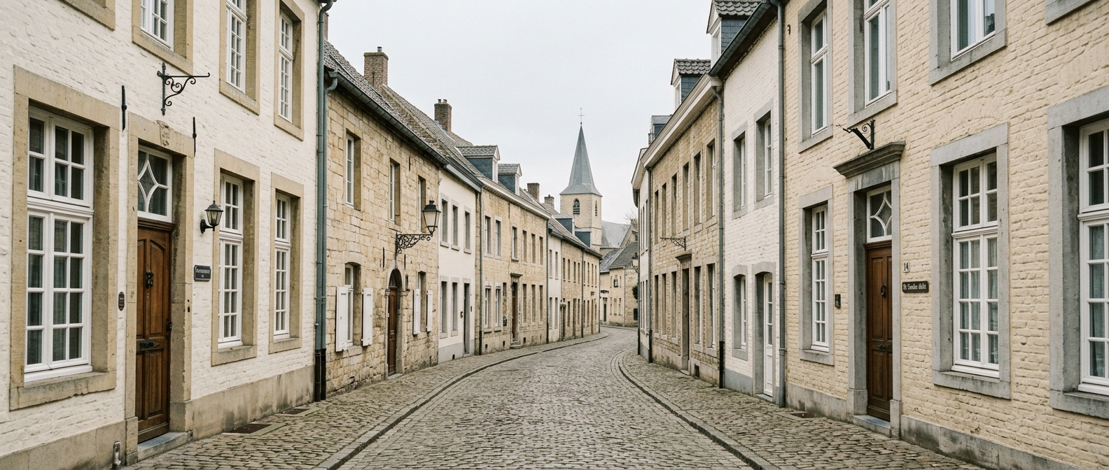 Historische straat in Gulpen met klassieke Limburgse stadswoningen richting Sint-Petruskerk, schilder in Gulpen VDB Schilderwerken