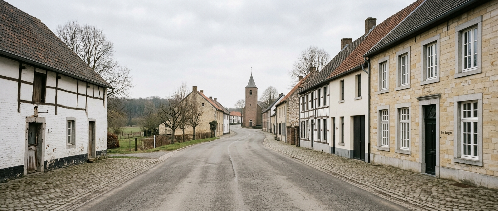 Rustige dorpsstraat in Haelen met klassieke Limburgse woningen richting Sint-Lambertuskerk, schilder in Haelen VDB Schilderwerken
