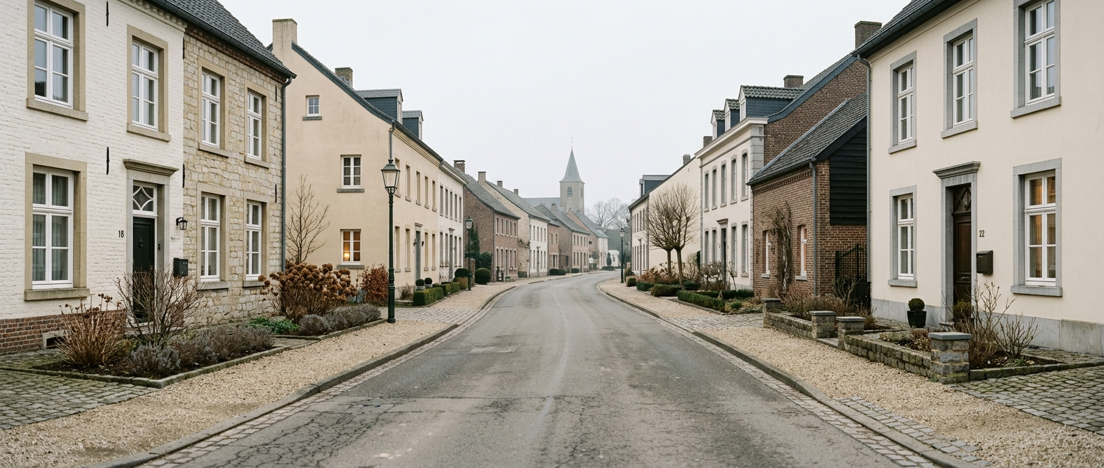 Rustige dorpsstraat in Herten met klassieke Limburgse woningen richting Sint-Michaëlkerk, schilder in Herten VDB Schilderwerken