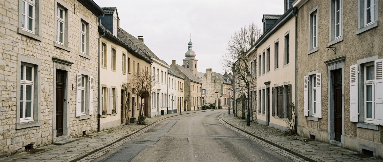 Rustige dorpsstraat in Heythuysen met klassieke Limburgse woningen richting Sint-Nicolaaskerk, schilder in Heythuysen VDB Schilderwerken