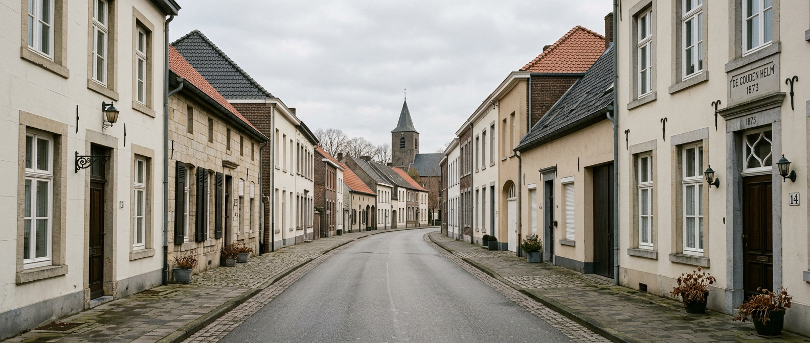 Rustige historische straat in Horst met klassieke Limburgse woningen richting Sint-Lambertuskerk, schilder in Horst VDB Schilderwerken