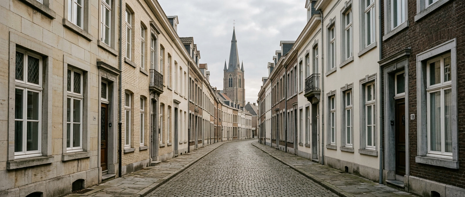 Historische straat in Kerkrade met klassieke stadswoningen richting Sint-Lambertuskerk, schilder in Kerkrade VDB Schilderwerken