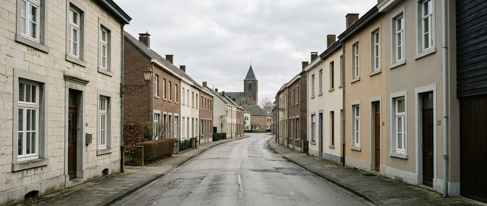 Rustige dorpsstraat in Landgraaf met klassieke mijnwerkerswoningen richting Sint-Josephkerk, schilder in Landgraaf VDB Schilderwerken