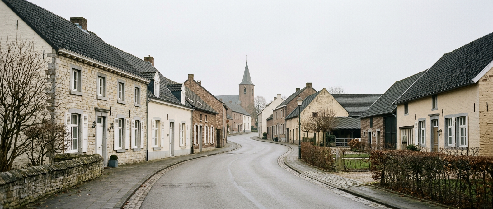 Rustige dorpsstraat in de gemeente Leudal met klassieke Limburgse woningen richting kerktoren, schilder in Leudal VDB Schilderwerken