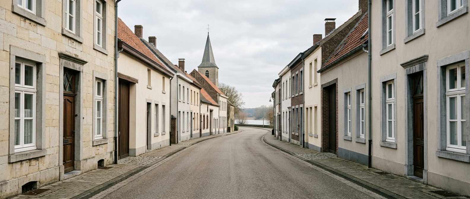 Rustige dorpsstraat in Linne met klassieke Limburgse woningen richting Sint-Martinuskerk, schilder in Linne VDB Schilderwerken