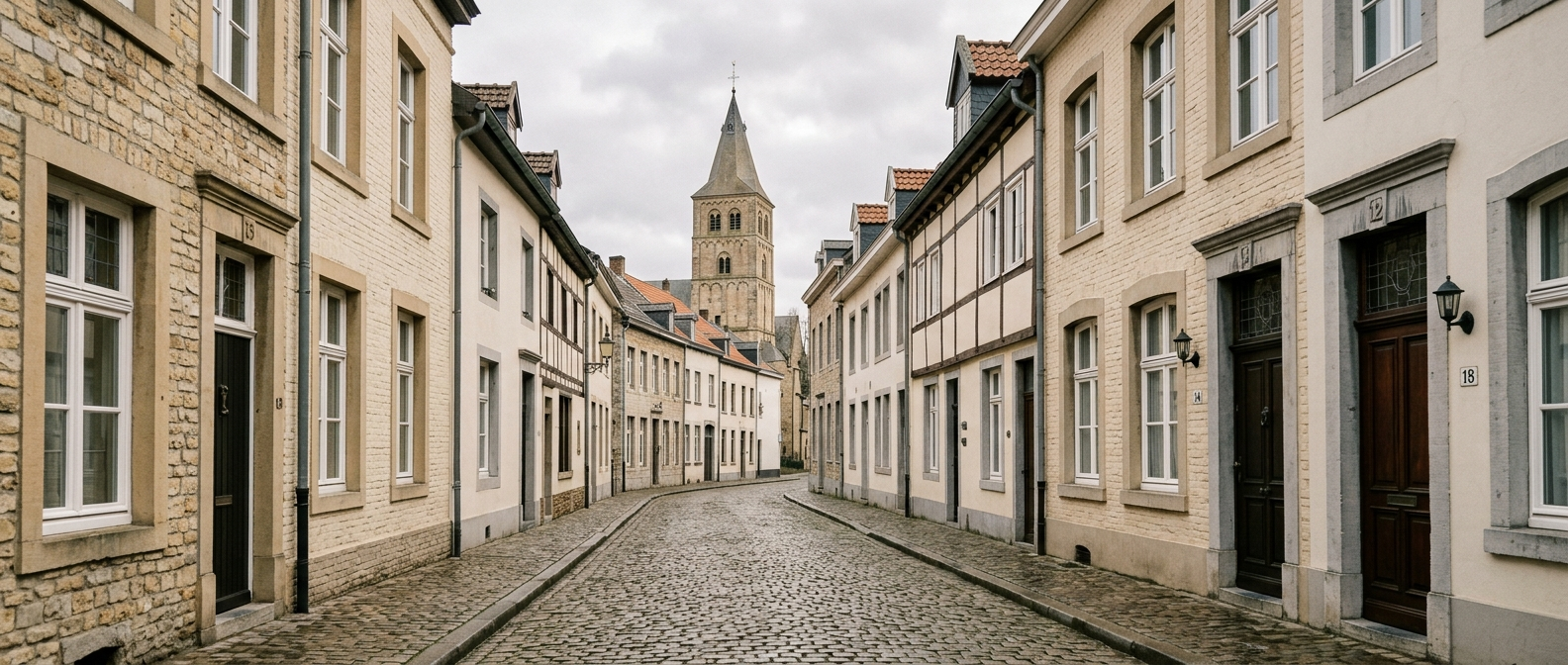Historische straat in Meerssen met klassieke stadswoningen richting Basiliek van het Heilig Sacrament, schilder in Meerssen VDB Schilderwerken