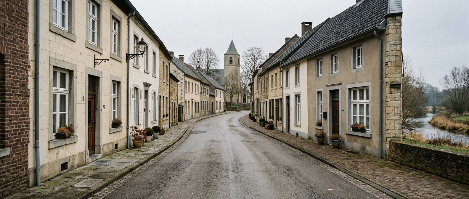 Rustige dorpsstraat in Melick met klassieke Limburgse woningen richting Sint-Andreaskerk, schilder in Melick VDB Schilderwerken