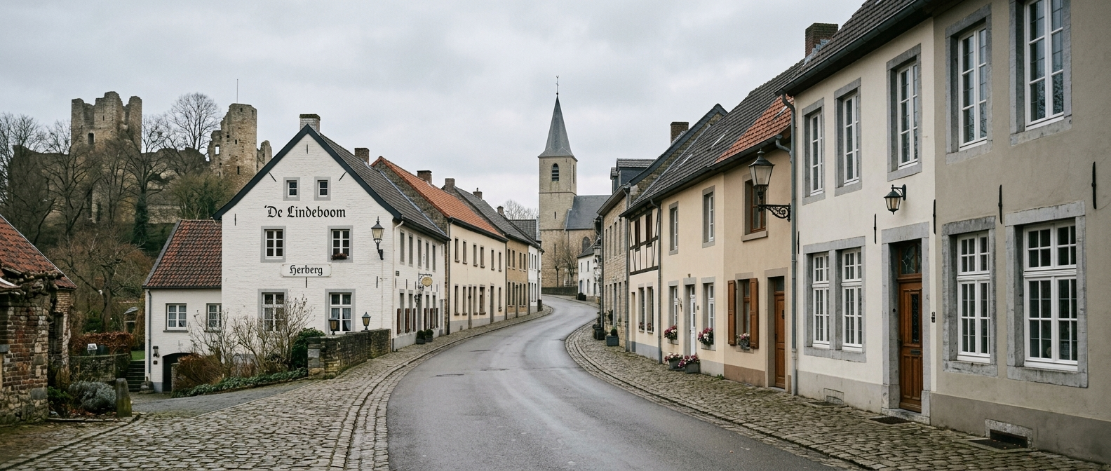 Rustige historische straat in Montfort met klassieke Limburgse woningen richting Sint-Catharinakerk, schilder in Montfort VDB Schilderwerken