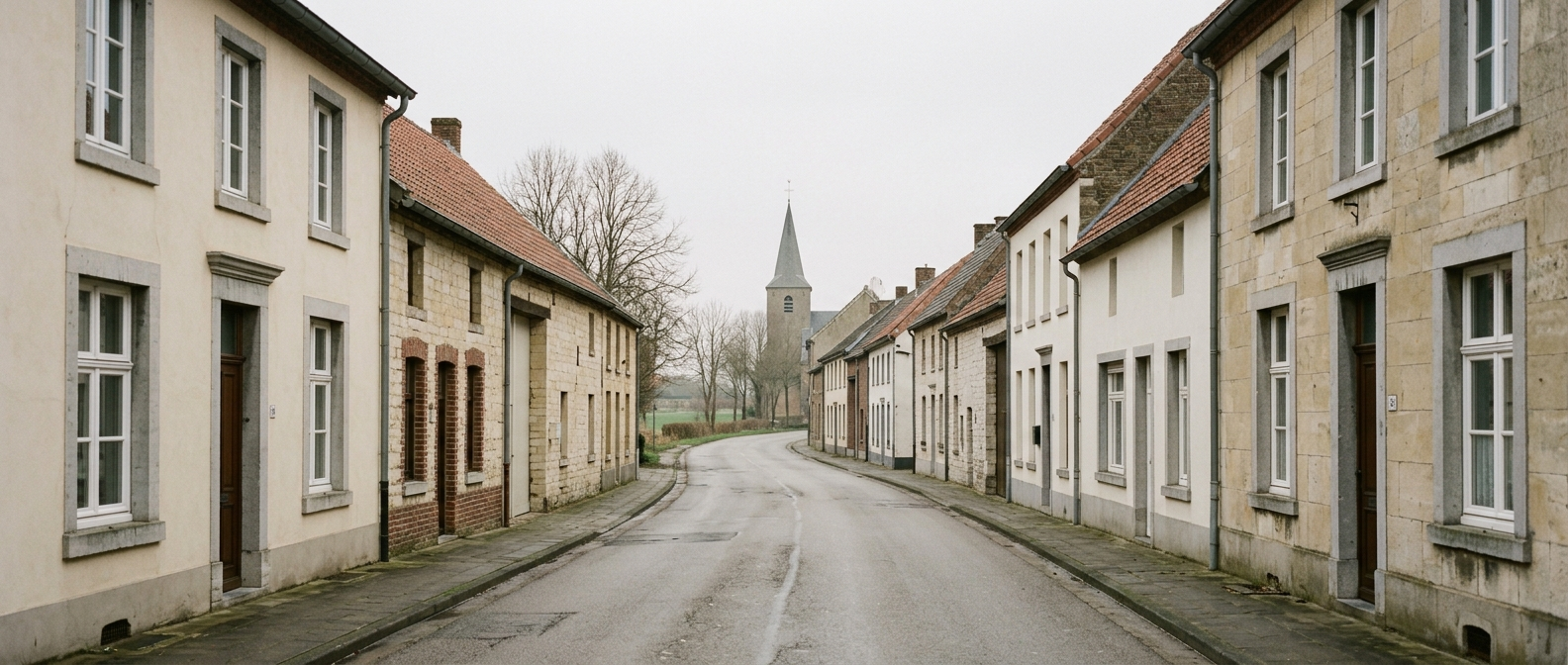 Rustige dorpsstraat in Neer met klassieke Limburgse woningen richting Sint-Martinuskerk, schilder in Neer VDB Schilderwerken