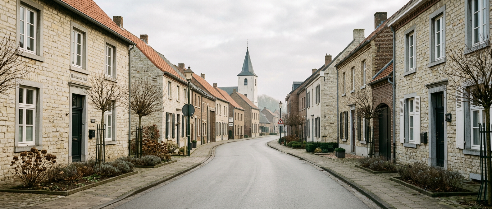 Rustige dorpsstraat in Nuth met klassieke Limburgse woningen richting Sint-Bavokerk, schilder in Nuth VDB Schilderwerken