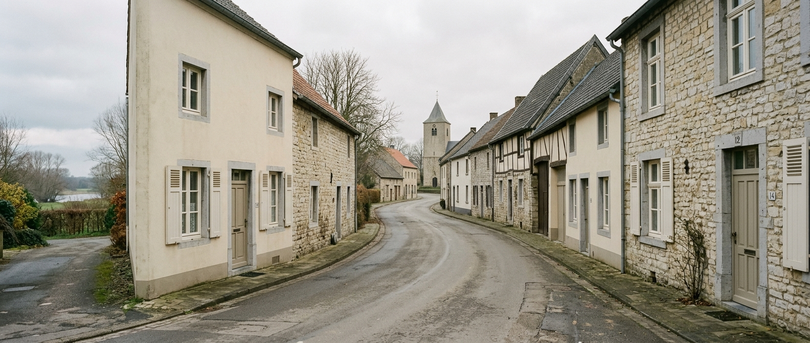 Rustige dorpsstraat in Ohé en Laak met klassieke Limburgse woningen richting Sint-Petruskerk, schilder in Ohé en Laak VDB Schilderwerken