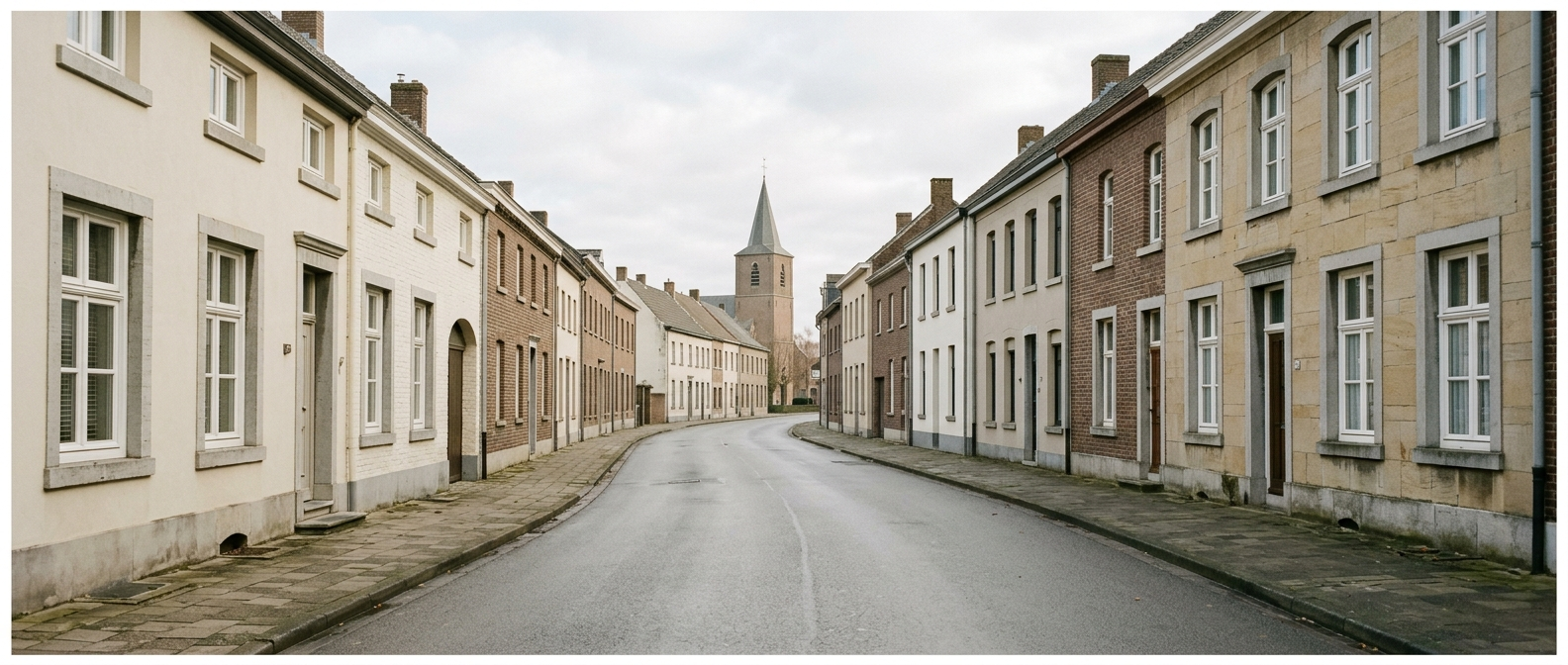 Rustige dorpsstraat in Panningen met klassieke Limburgse woningen richting Onze-Lieve-Vrouw-van-Zeven-Smartenkerk, schilder in Panningen VDB Schilderwerken