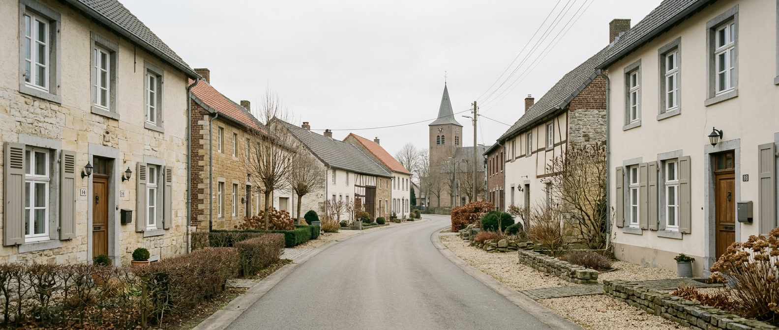 Rustige dorpsstraat in Posterholt met klassieke Limburgse woningen richting Sint-Matthiaskerk, schilder in Posterholt VDB Schilderwerken