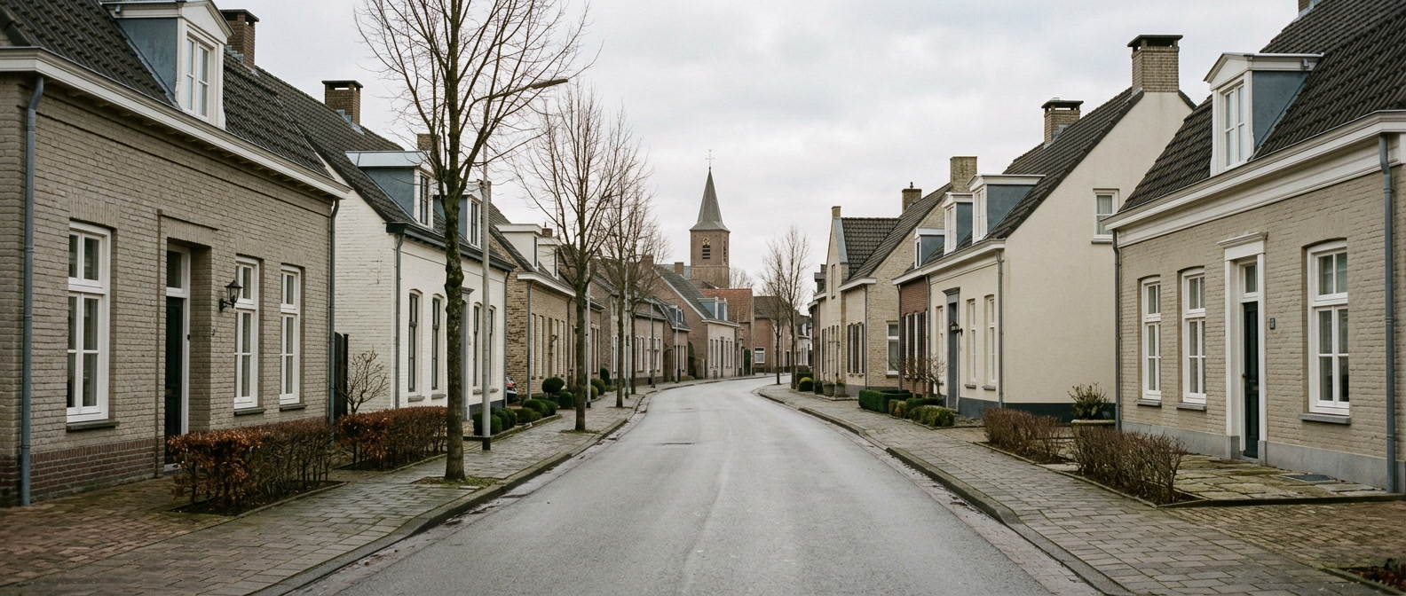 Rustige dorpsstraat in Reuver met klassieke Limburgse woningen richting Sint-Lambertuskerk, schilder in Reuver VDB Schilderwerken