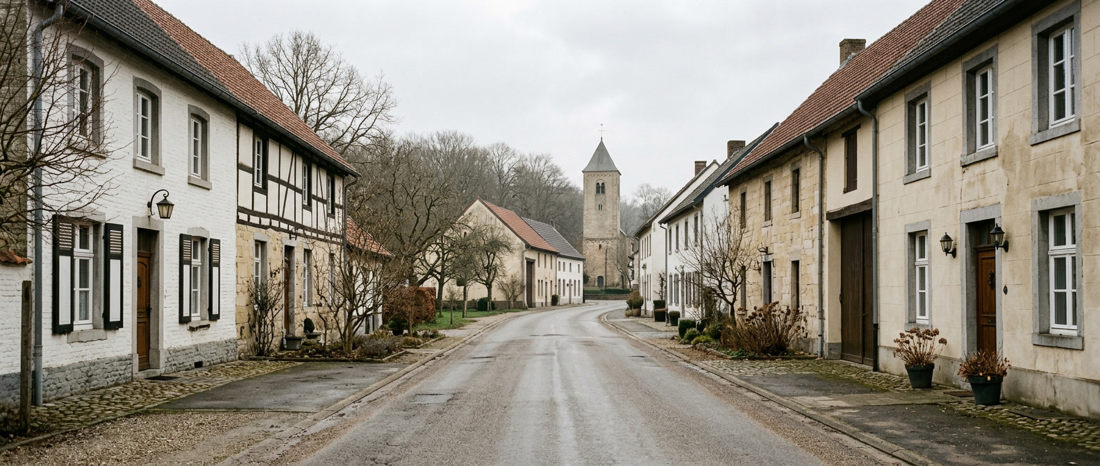 Rustige dorpsstraat in Roerdalen met klassieke Limburgse woningen richting kerktoren, schilder in Roerdalen VDB Schilderwerken