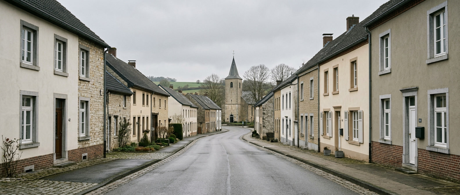Rustige dorpsstraat in Schinnen met klassieke Limburgse woningen richting Sint-Dionysiuskerk, schilder in Schinnen VDB Schilderwerken